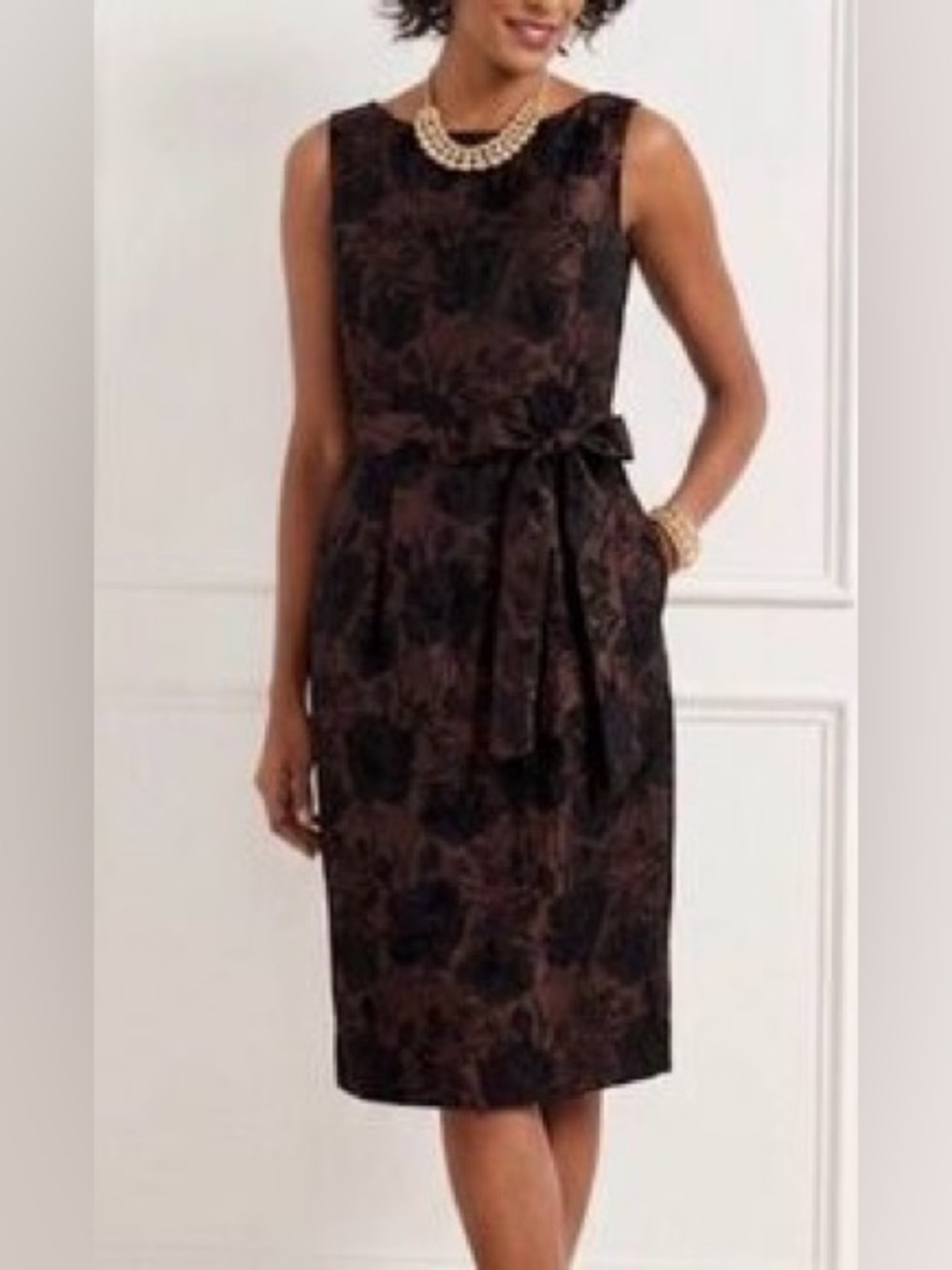 Talbots Bronze and Black Floral Jacquard Belted Dress Size 18 NEW